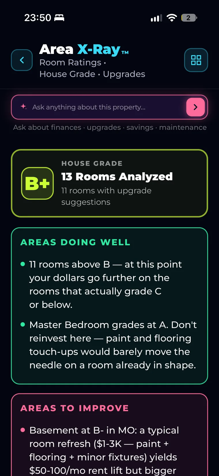 Area X-Ray: house grade B+ across 13 rooms analyzed, the areas doing well and the areas to improve