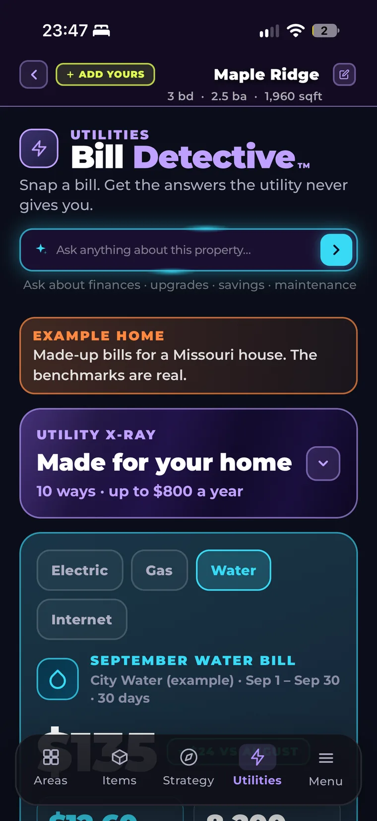 Bill Detective: snap a utility bill, then see a Utility X-Ray made for the home, with ten ways to save up to $800 a year on an example Missouri house