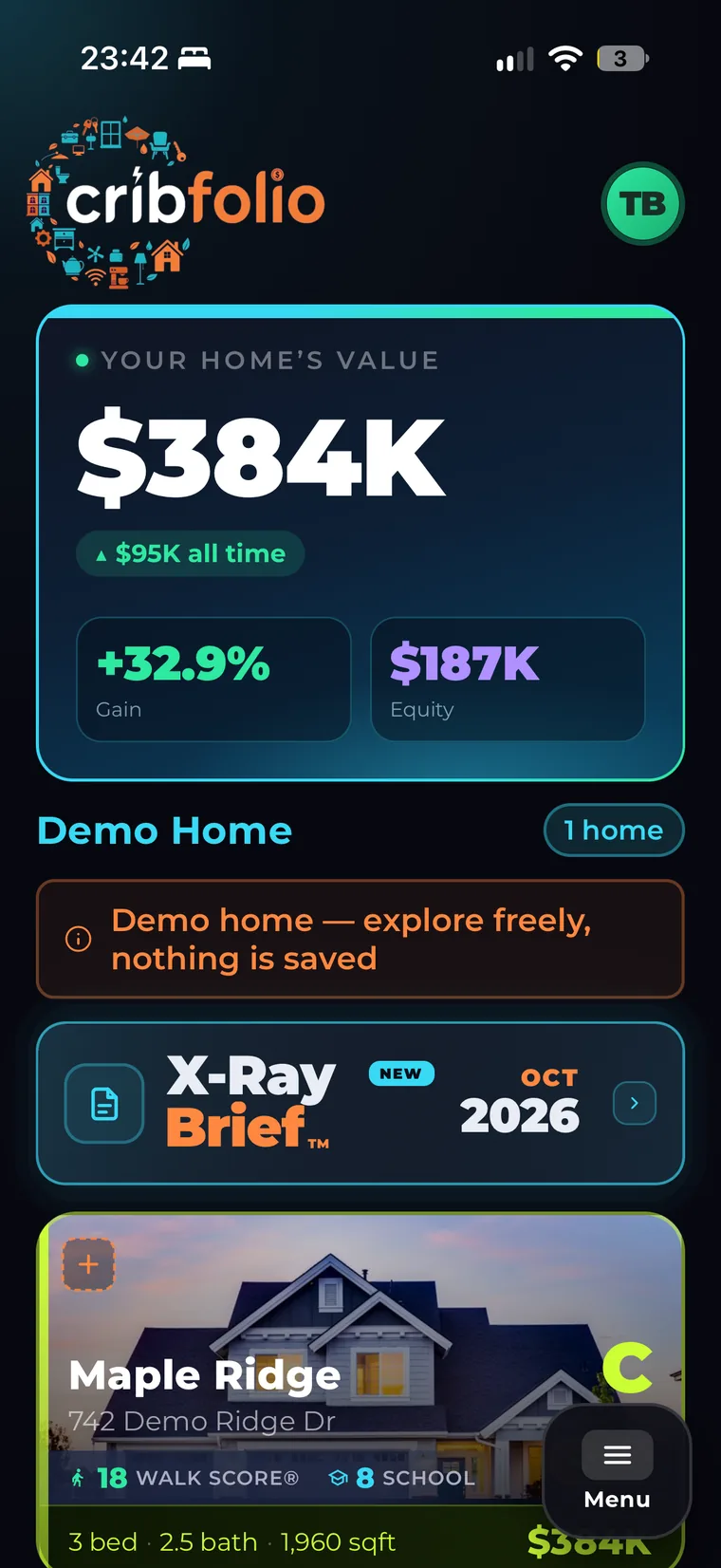 Cribfolio home screen: the home's value of $384K, up $95K all time, +32.9% gain, $187K equity, and the October X-Ray Brief tile