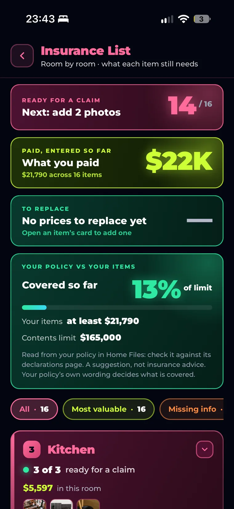 Insurance List: 14 of 16 items ready for a claim, $21,790 paid across 16 items, and how the items compare with the policy contents limit