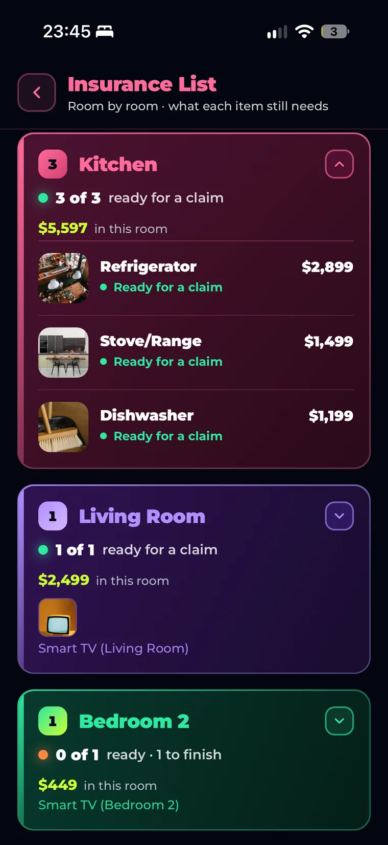 Insurance List room by room: the kitchen refrigerator, stove and dishwasher each ready for a claim