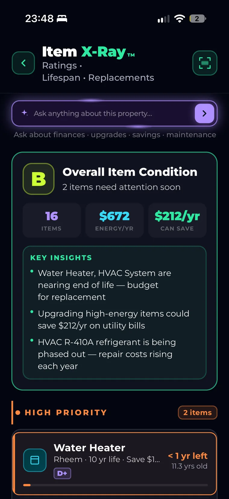 Item X-Ray: overall item condition B, 16 items, $672 a year in energy, $212 a year that could be saved, and key insights on the water heater and HVAC