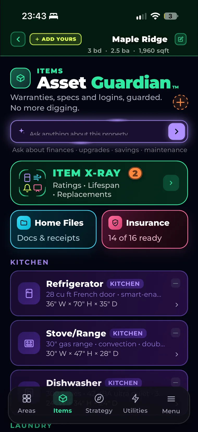 Asset Guardian (Items): Item X-Ray, Home Files and Insurance tiles above the kitchen appliances with their sizes