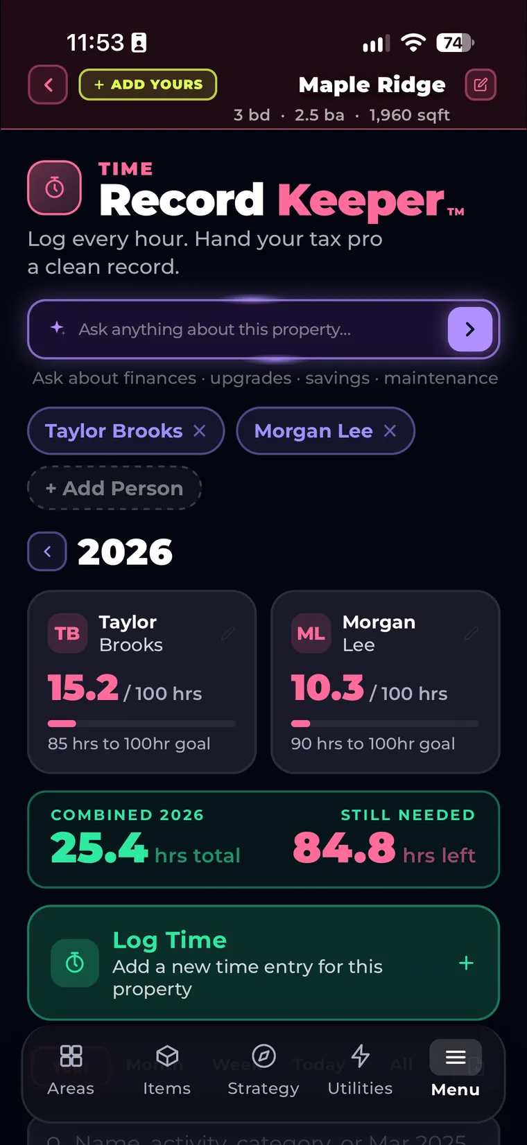 Record Keeper: two people logging hours toward a 100-hour goal, 25.4 hours combined and 84.8 still needed in 2026