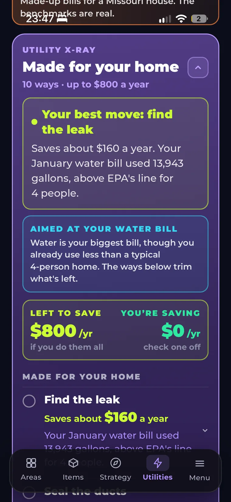 Utility X-Ray made for the home: ten ways to save up to $800 a year, led by finding a water leak worth about $160 a year