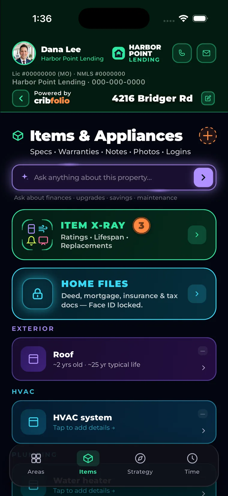 Items and Appliances screen with Item X-Ray, Home Files, and entries for the roof and HVAC system showing age against typical service life