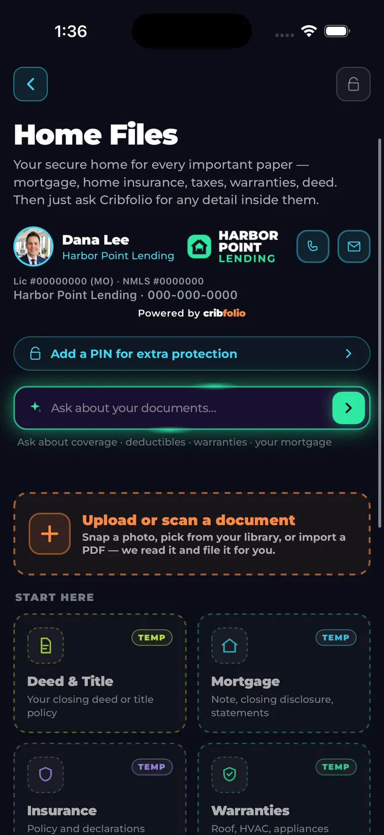 Home Files screen with folders for Deed and Title, Mortgage, Insurance and Warranties, co-branded to the loan officer and marked Powered by Cribfolio