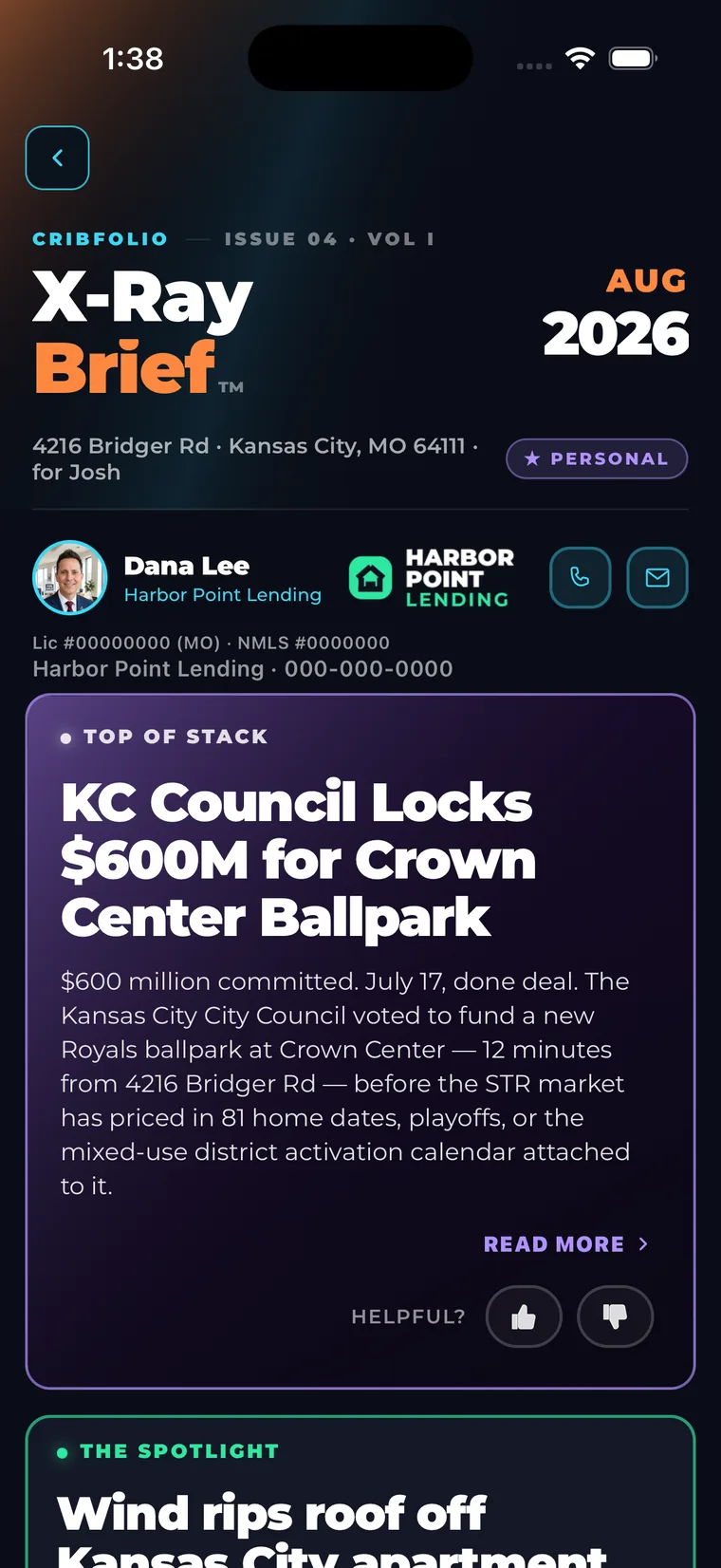 The August 2026 X-Ray Brief, co-branded to the loan officer, leading with a Kansas City council story about a six hundred million dollar ballpark twelve minutes from the property