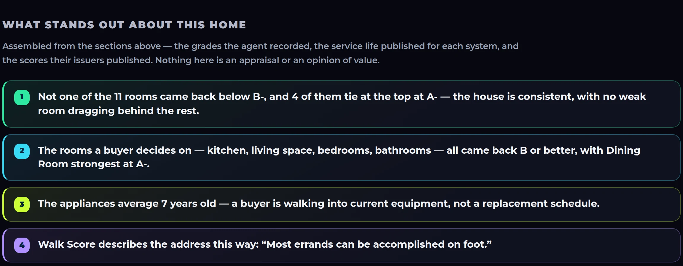 What stands out section of a real Home Report: a plain-English summary of the whole home