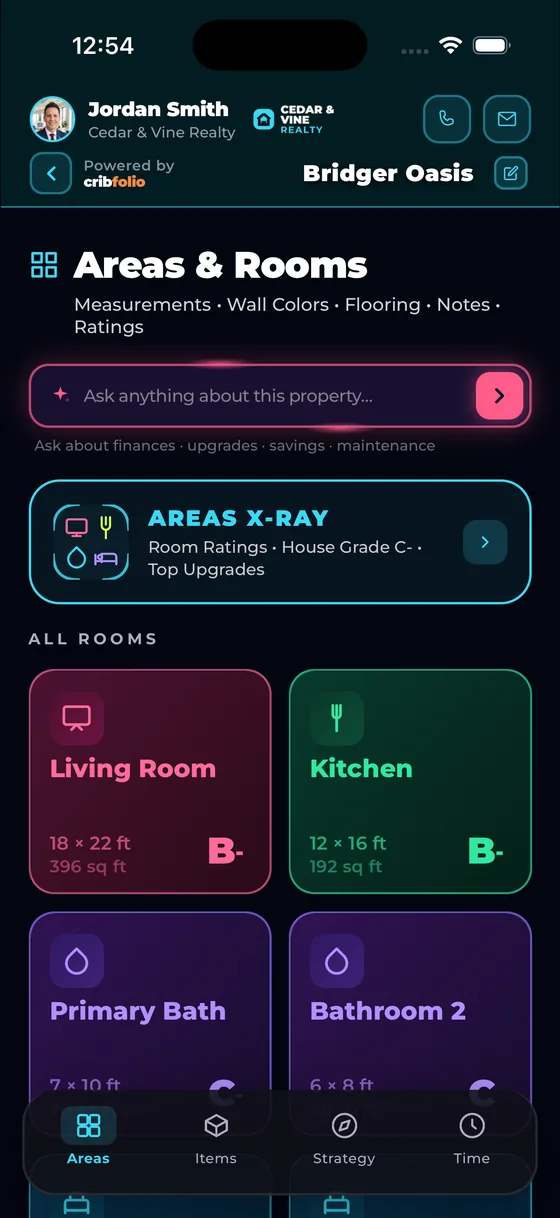 Areas and Rooms screen: Living Room B-, Kitchen B-, Primary Bath C-, Bathroom 2 C, colour-coded by grade