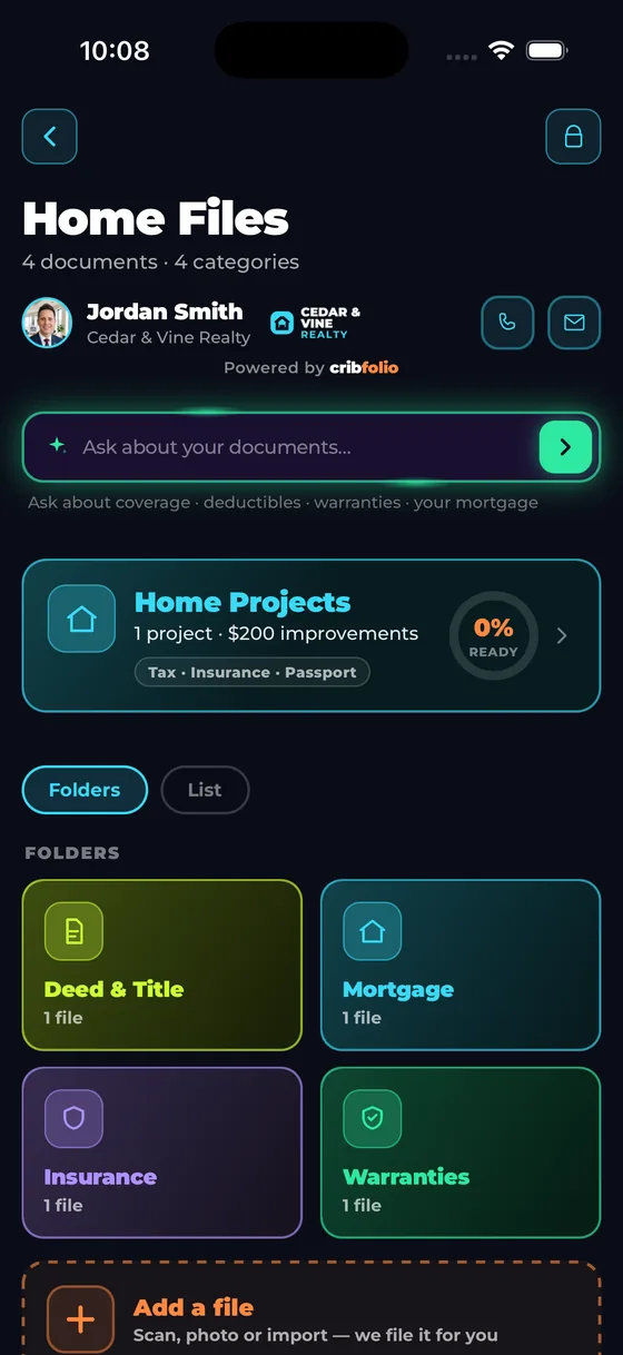 Home Files screen with folders for Deed and Title, Mortgage, Insurance and Warranties