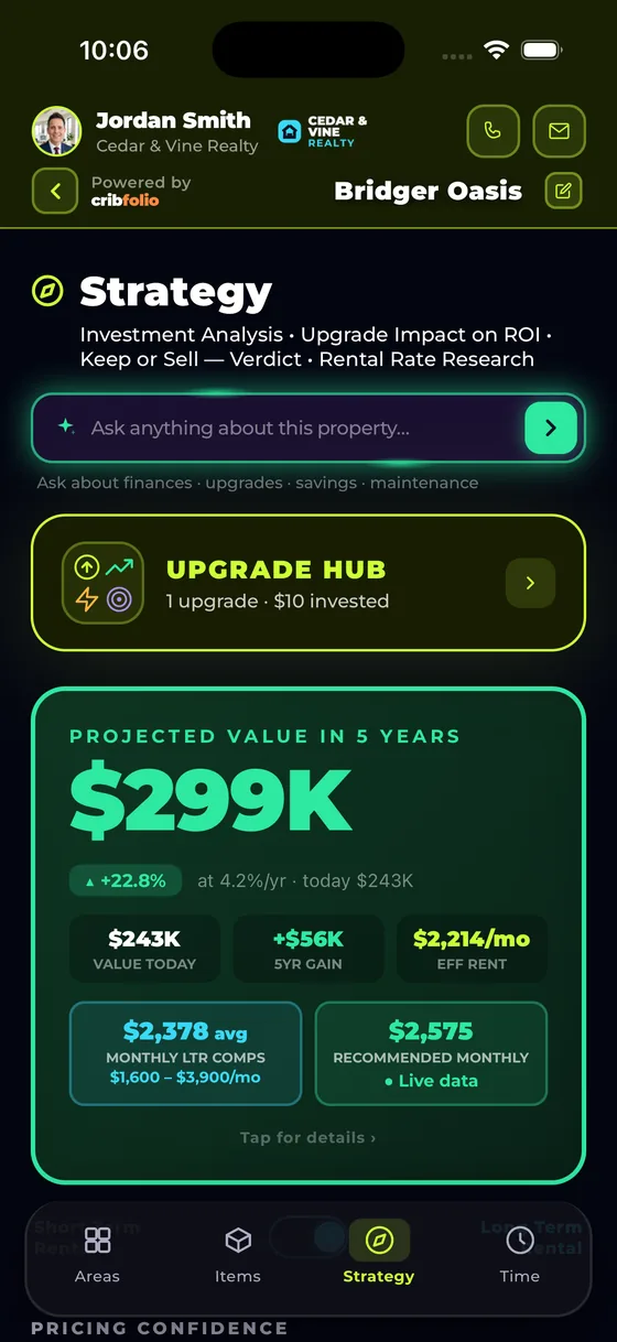 Strategy screen showing a projected five-year value of $299K with live rental comps