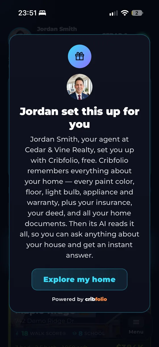 Welcome screen with the agent's photo, telling the homeowner their agent set them up with Cribfolio, free.