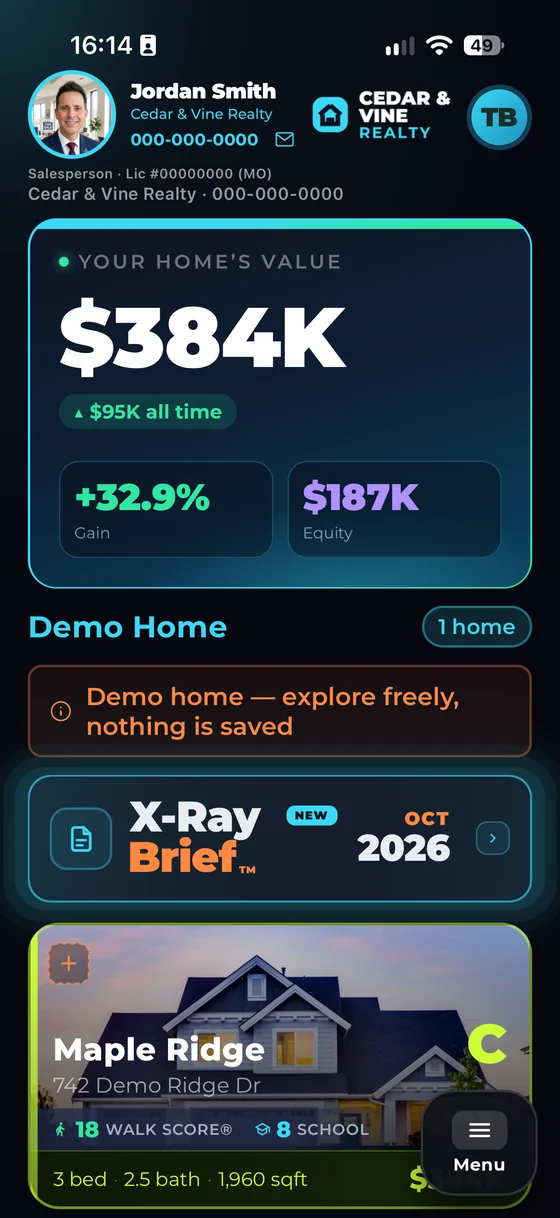 Cribfolio home screen co-branded with an agent’s own photo, name, brokerage and direct line, above the home’s value of $384K and the monthly X-Ray Brief tile