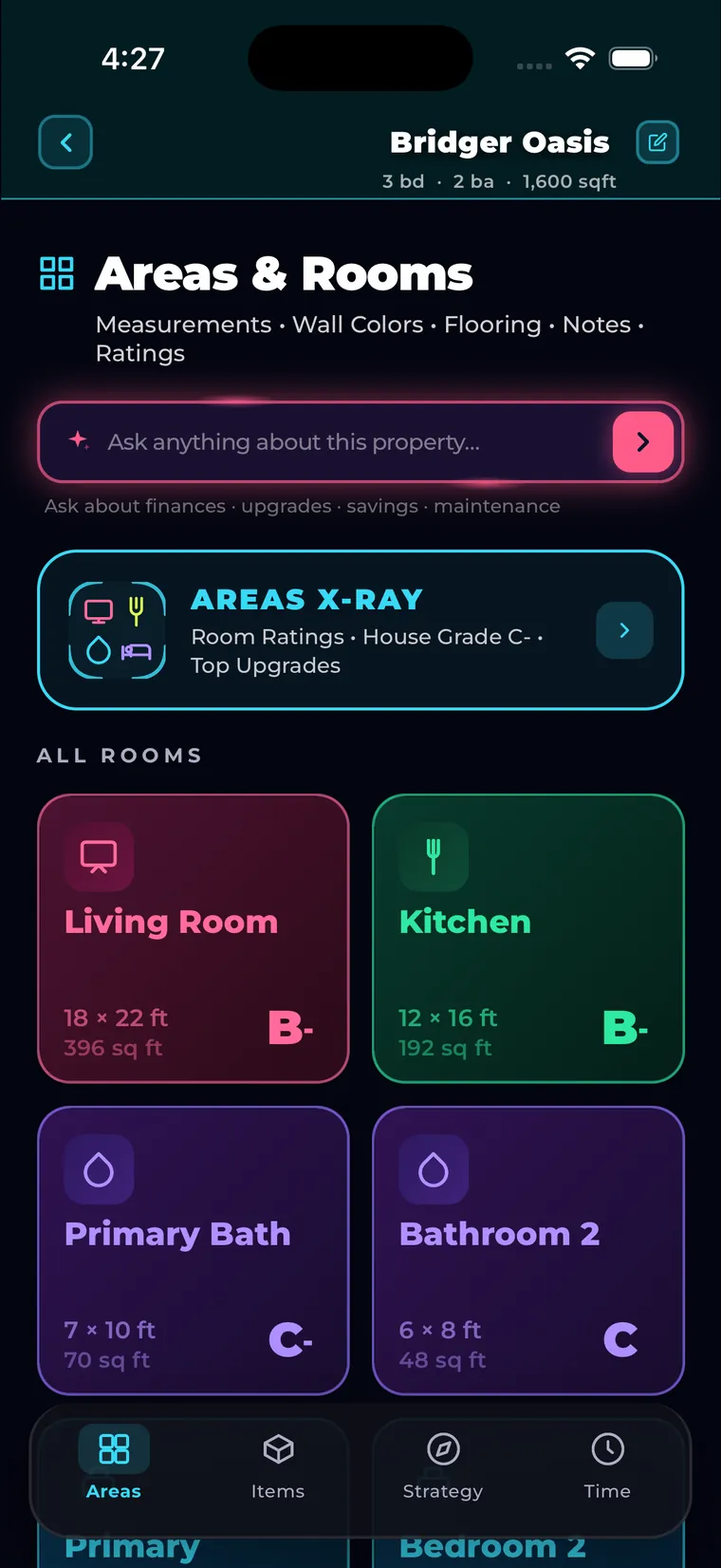 SCREENSHOT 1 — Areas & Rooms: Living Room B-, Kitchen B-, Primary Bath C-, Bathroom 2 C grade cards