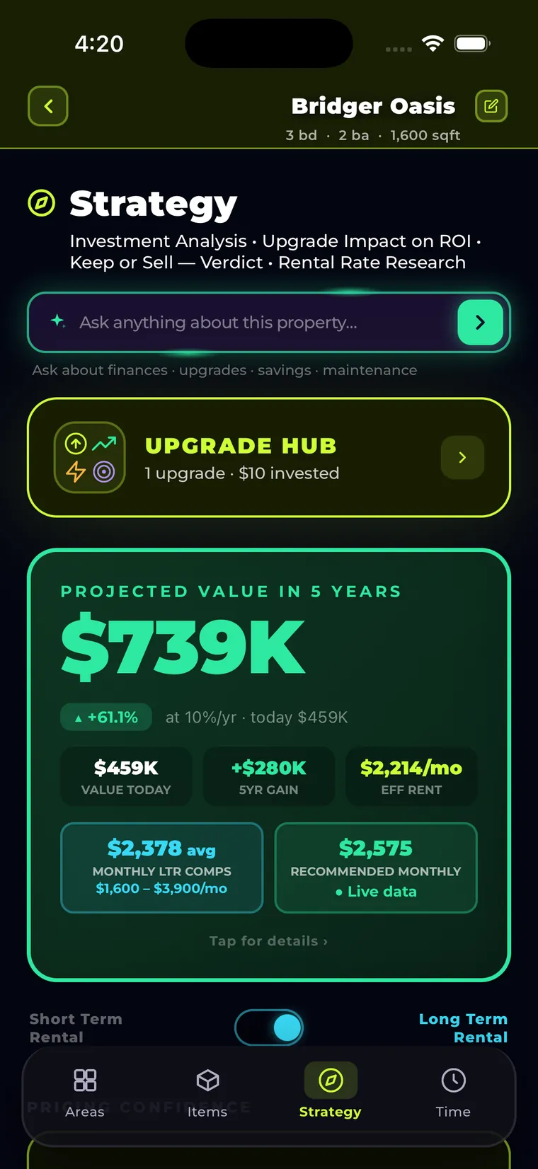 SCREENSHOT 2 — Strategy panel: 54.5% CoC Return, 2.20x DSCR, STRONG KEEP grade A