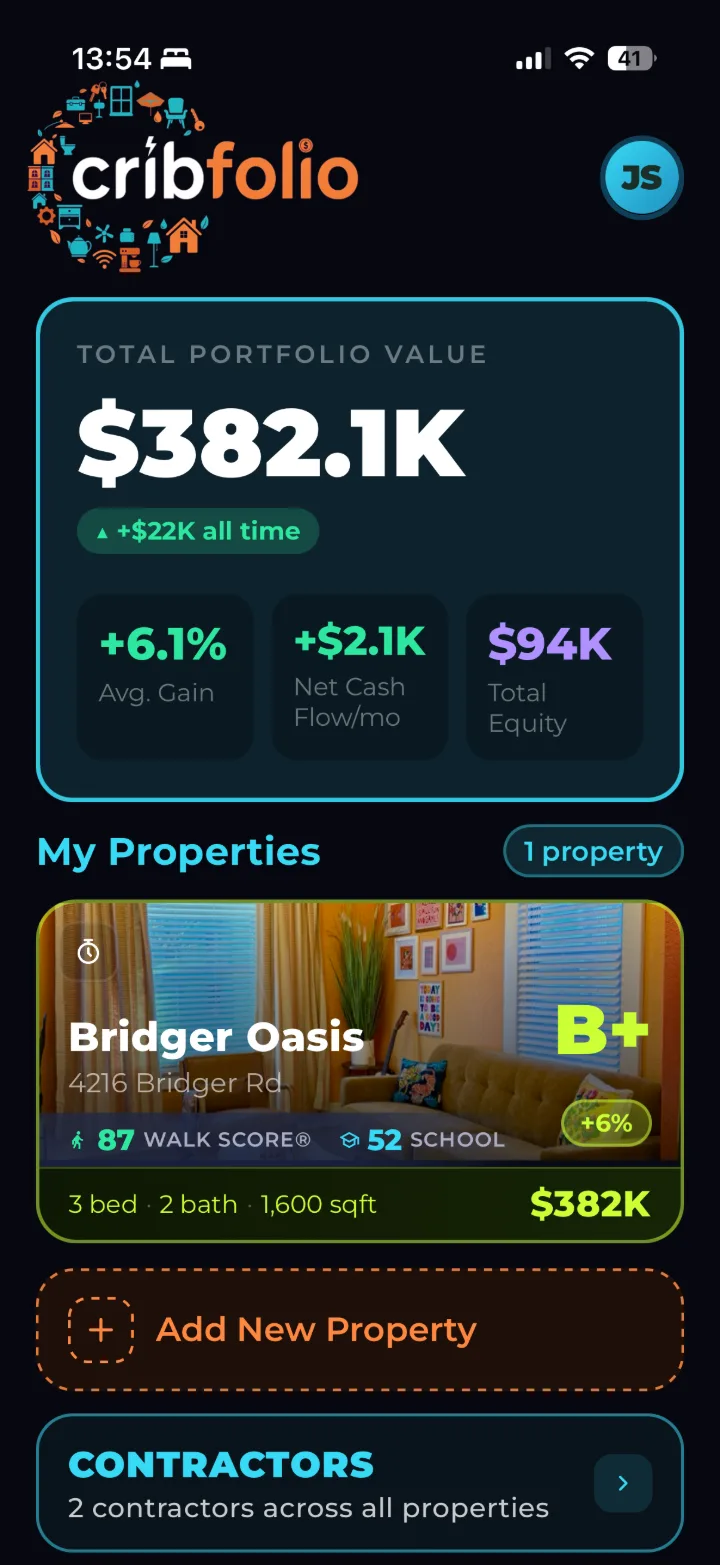 SCREENSHOT 5 — Cribfolio home dashboard: $382.1K total portfolio value with Bridger Oasis B+ property card