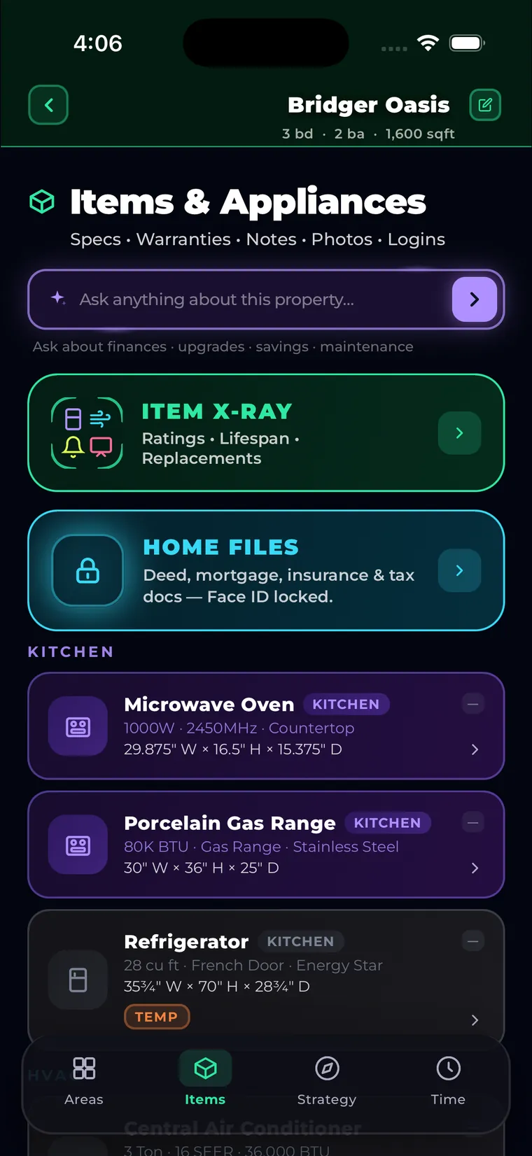SCREENSHOT 6 — Items & Appliances: microwave, refrigerator, central air conditioner with specs and warranties
