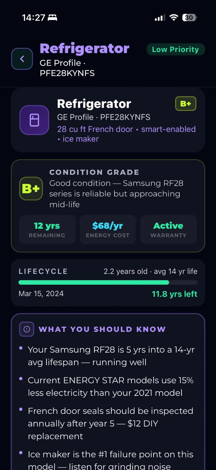 SCREENSHOT 10 — Refrigerator detail: B+ condition, 12 yrs remaining, $68/yr energy cost, active warranty, key insights