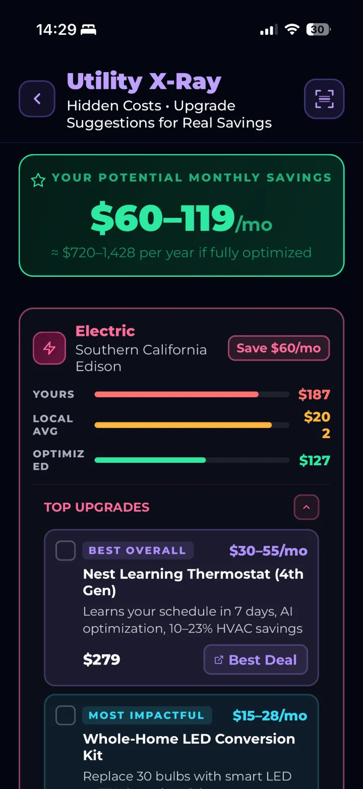 SCREENSHOT 11 — Utility X-Ray: $60–119/mo potential savings with Nest thermostat and LED upgrade suggestions