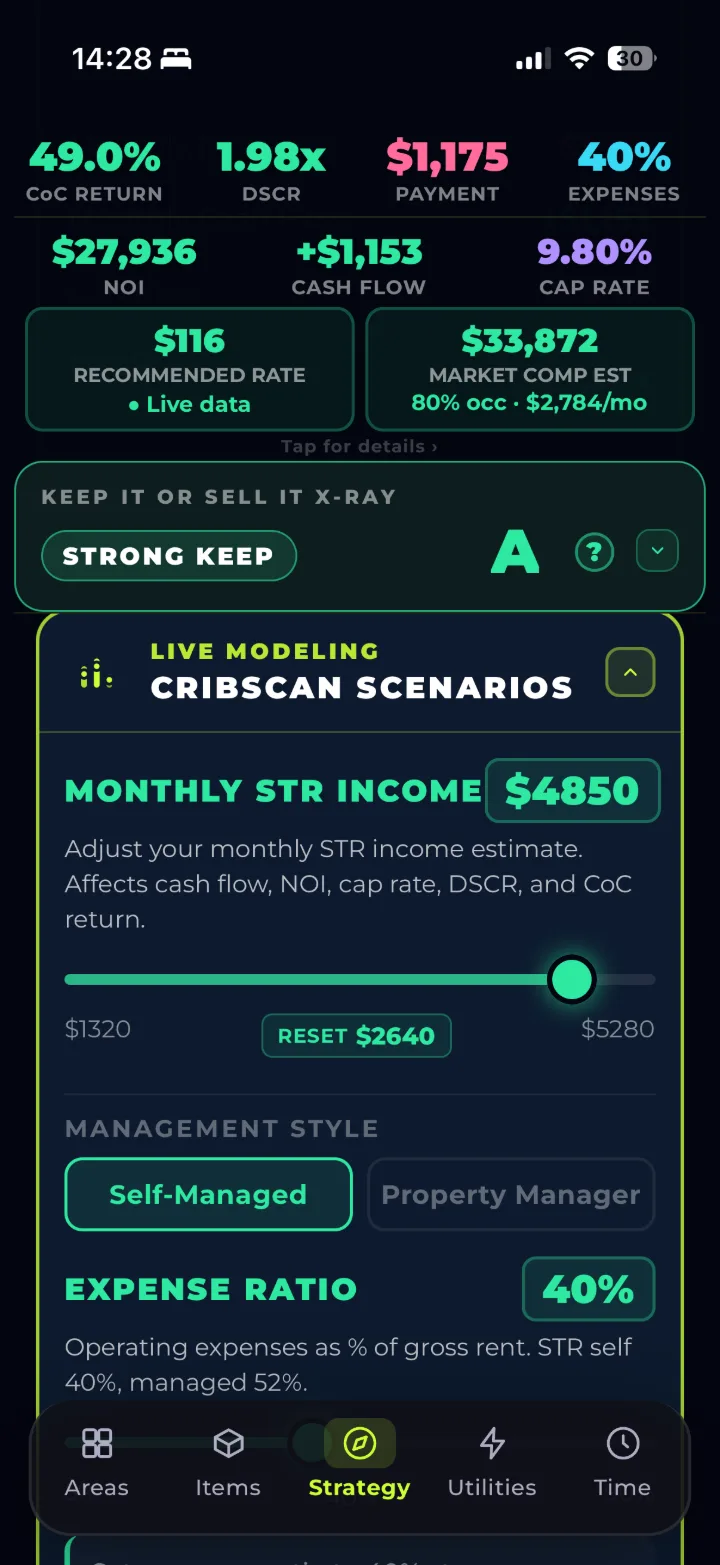 SCREENSHOT 15 — Strategy CribScan Scenarios: $4,850 monthly STR income slider, 49% CoC, 9.80% cap rate
