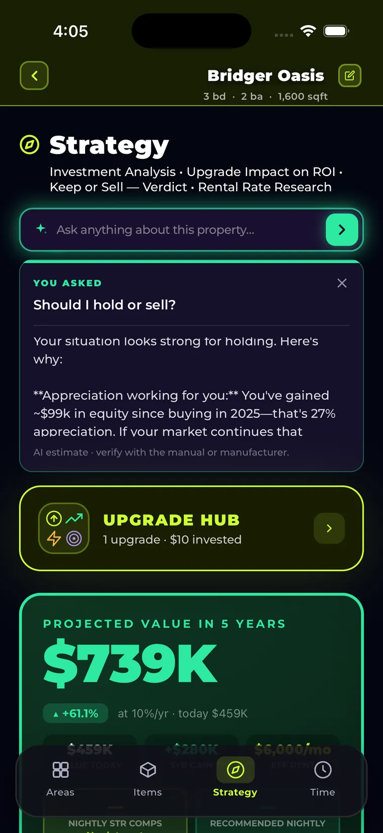 Cribfolio Strategy screen where the user asked the AI 'Should I hold or sell?' and received a reasoned answer citing ~$99k of equity gained since 2025